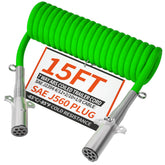 PlugSaf 7-way coiled trailer cord with full 15 ft reach for trailer lighting and power