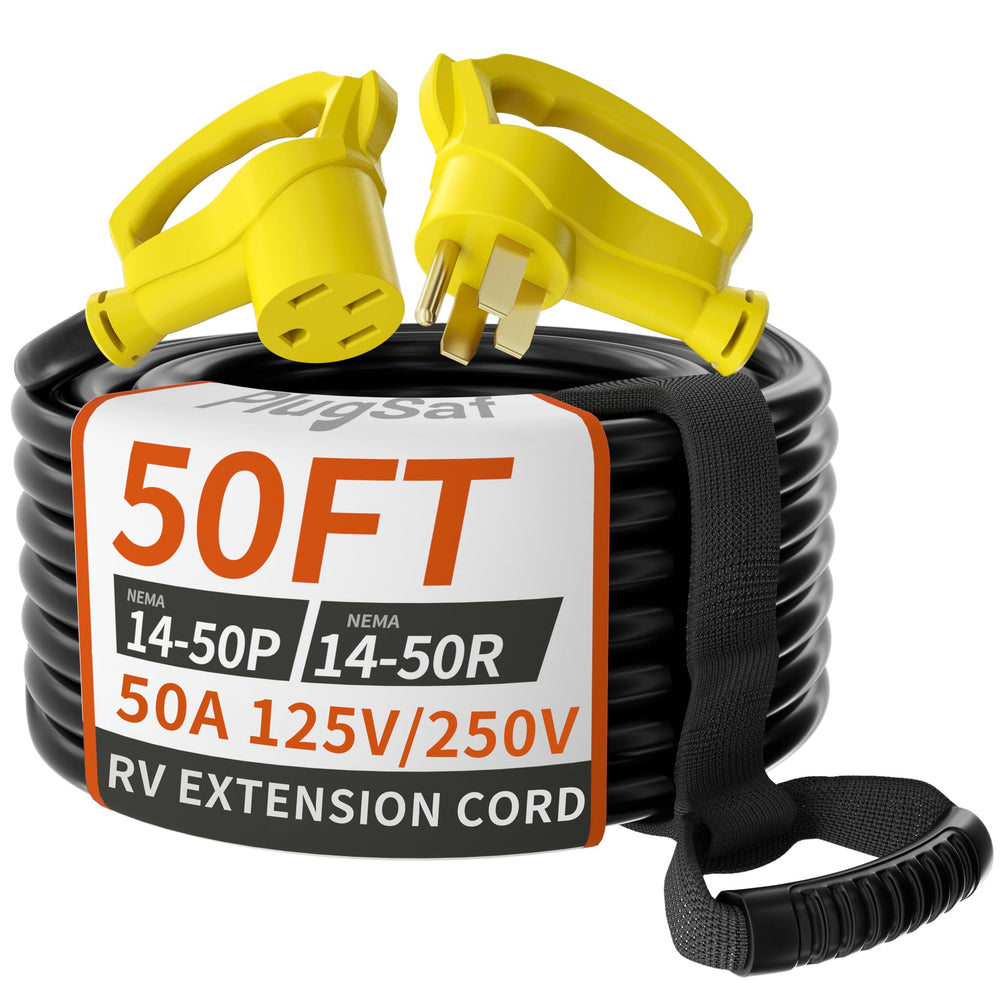 PlugSaf NEMA 14-50P 50 ft outdoor cord ready for RV or EV hookups