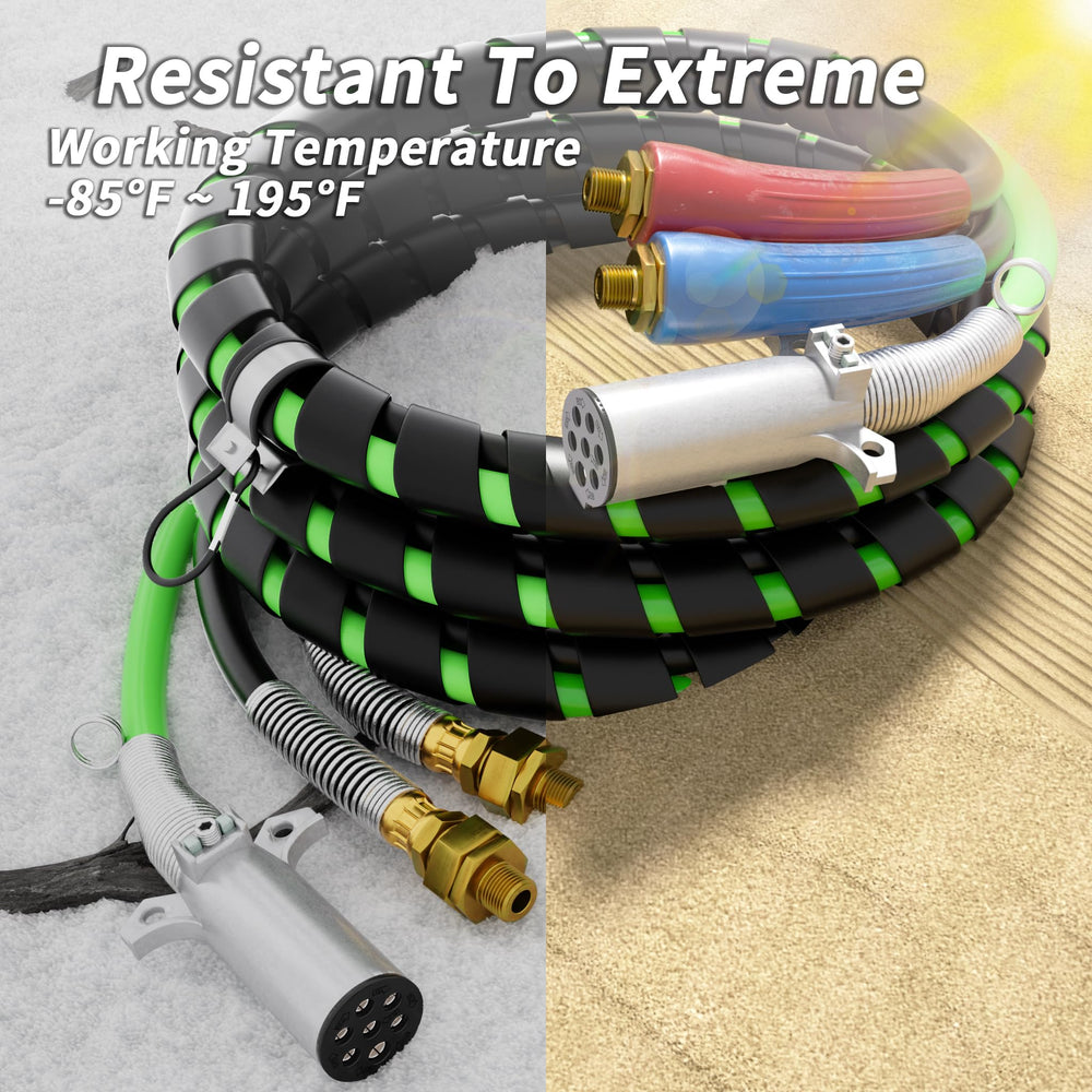 PlugSaf weatherproof rubber air hose endures rain and heat.
