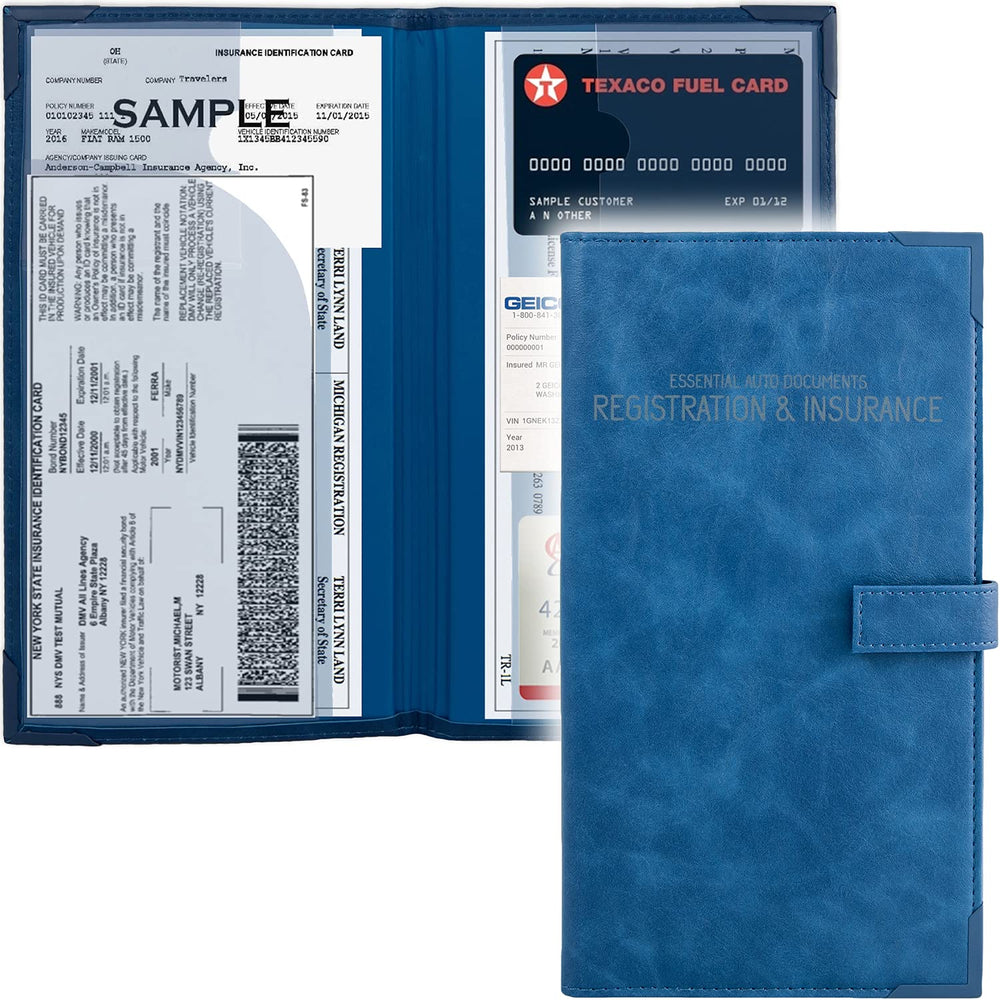 PlusXpres auto doc holder blue in glove box for quick access.