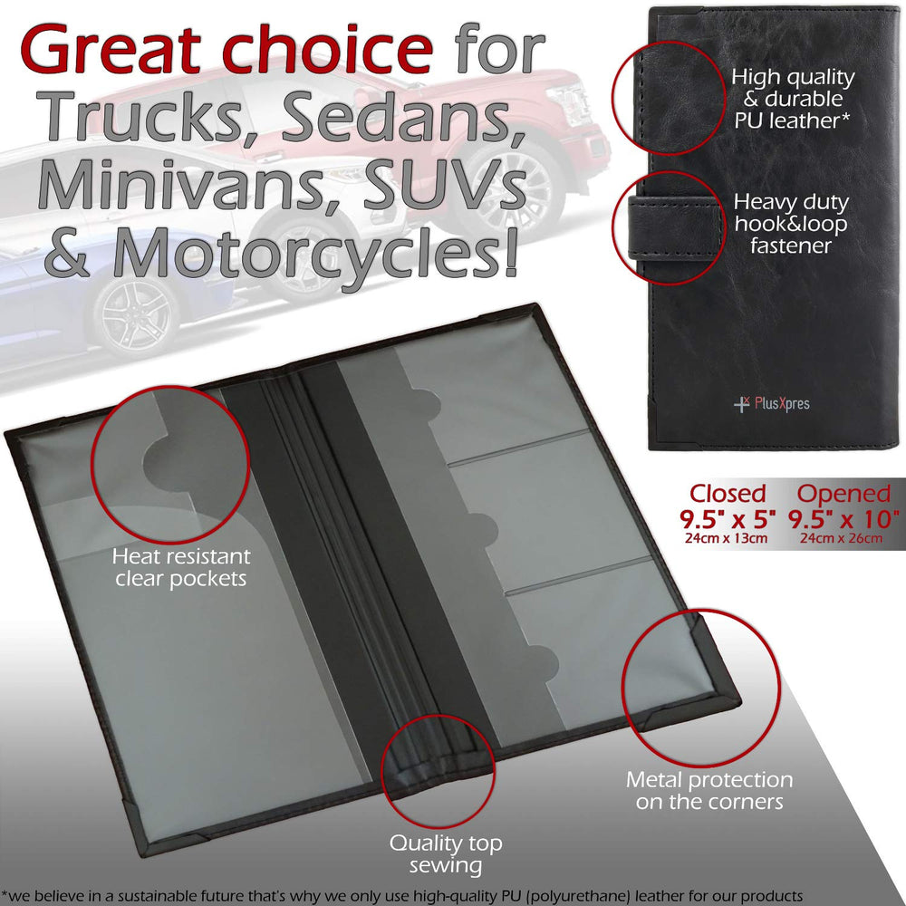 PlusXpres auto insurance card holder heat-resistant pockets protect documents.
