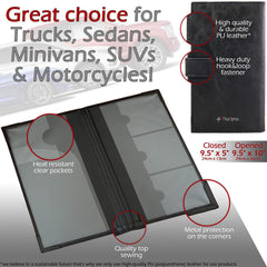 PlusXpres auto insurance card holder heat-resistant pockets protect documents.