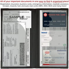 PlusXpres auto insurance card holder inside a glove box demonstrates easy storage.