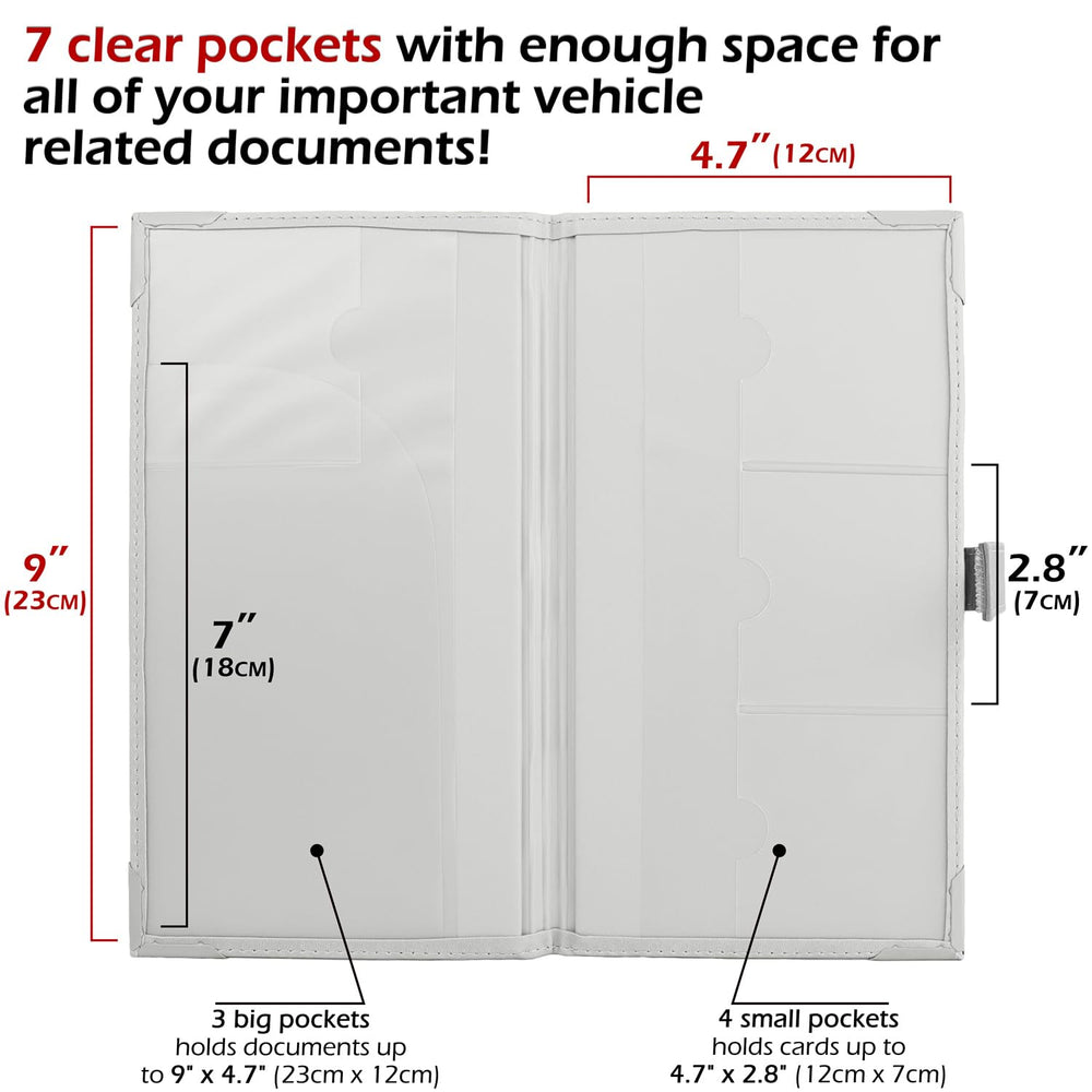 PlusXpres seven-pocket organizer keeps registration, insurance, and cards neatly sorted.