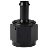 Podavelle 10AN to 3/8 barb adapter close-up in anodized black for durable fuel connections.