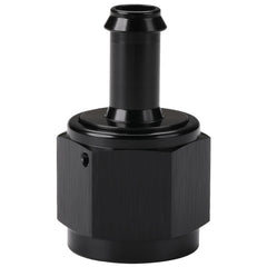 Podavelle 10AN to 3/8 barb adapter close-up in anodized black for durable fuel connections.