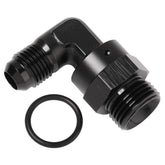 Podavelle 6AN to 8AN swivel fitting with 90 degree bend for tight engine spaces.