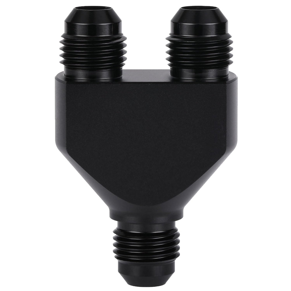 Podavelle 6AN Y-block splitter close-up showing durable anodized aluminum construction for high-flow use