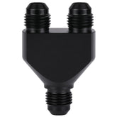 Podavelle 6AN Y-block splitter close-up showing durable anodized aluminum construction for high-flow use