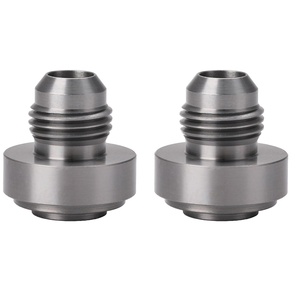 Podavelle 6AN male weld bung fittings shown for reliable fuel cell or radiator use.