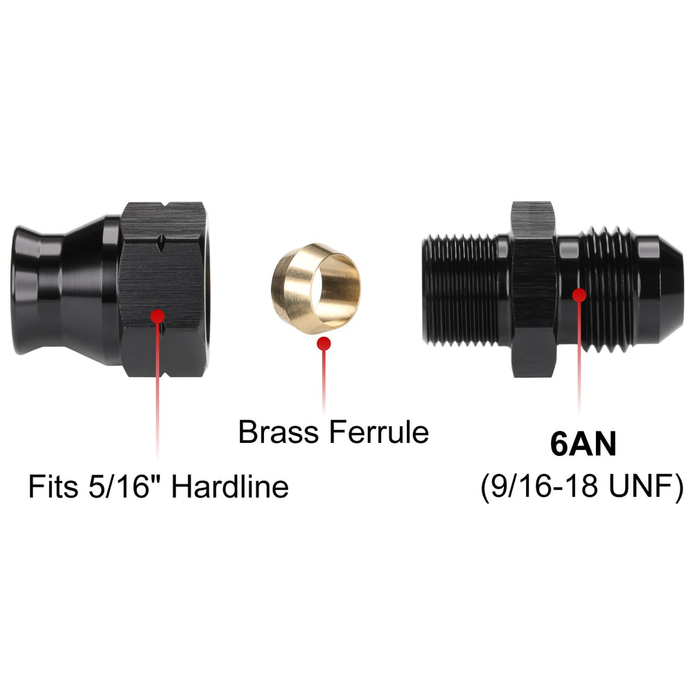 Podavelle aluminum adapter connects aftermarket hoses to 5/16 hardlines, clean finish