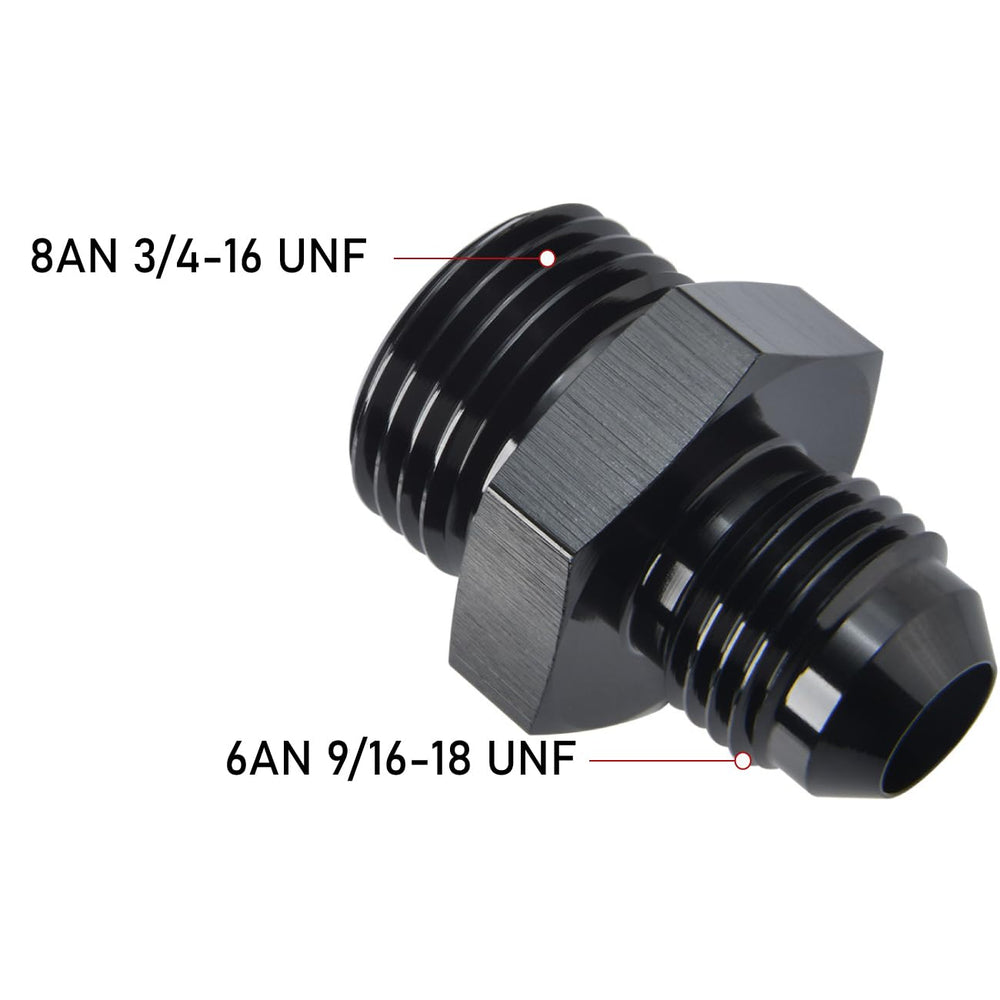 Podavelle aluminum 6AN to 8AN ORB adapter in black for versatile automotive connections
