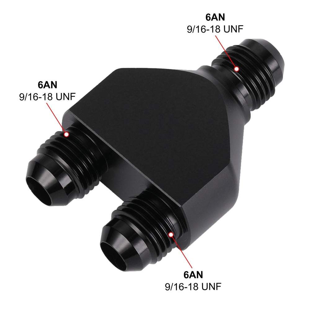 Podavelle dual 6AN male connectors in black finish for reliable fuel and oil routing