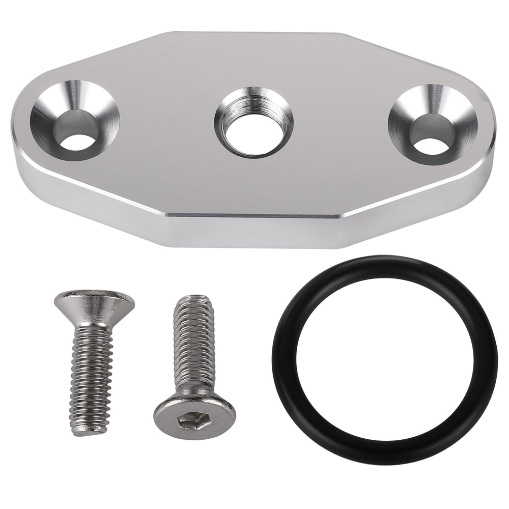 Podavelle oil feed plate closeup shows durable aluminum construction for LS engine plumbing.