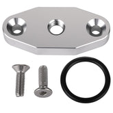 Podavelle oil feed plate closeup shows durable aluminum construction for LS engine plumbing.