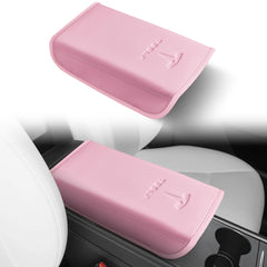 POKUNG center console leather armrest cover for Tesla Model 3/Y in light pink, protects the console from spills
