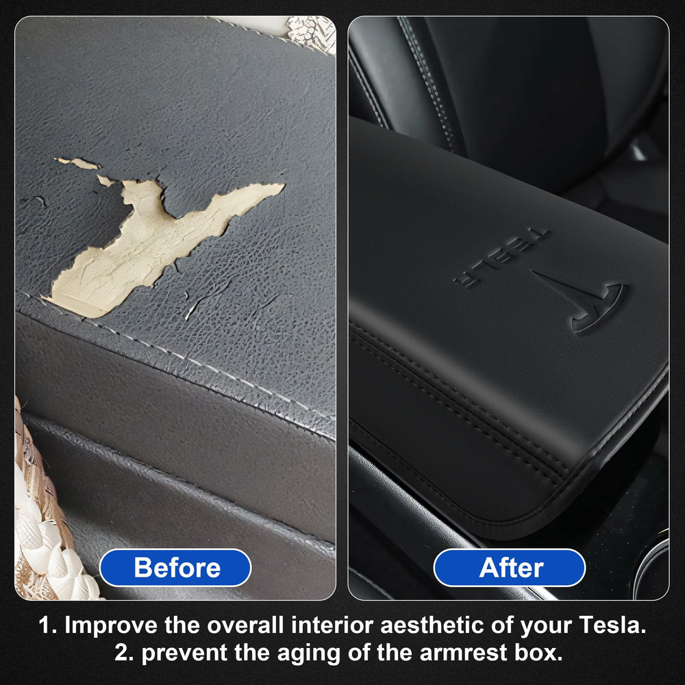 POKUNG center console leather armrest Model Y black, stylish interior upgrade.