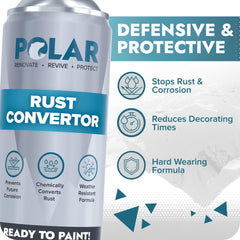 Polar Rust Converter being applied from 20–30 cm onto rusted metal surface