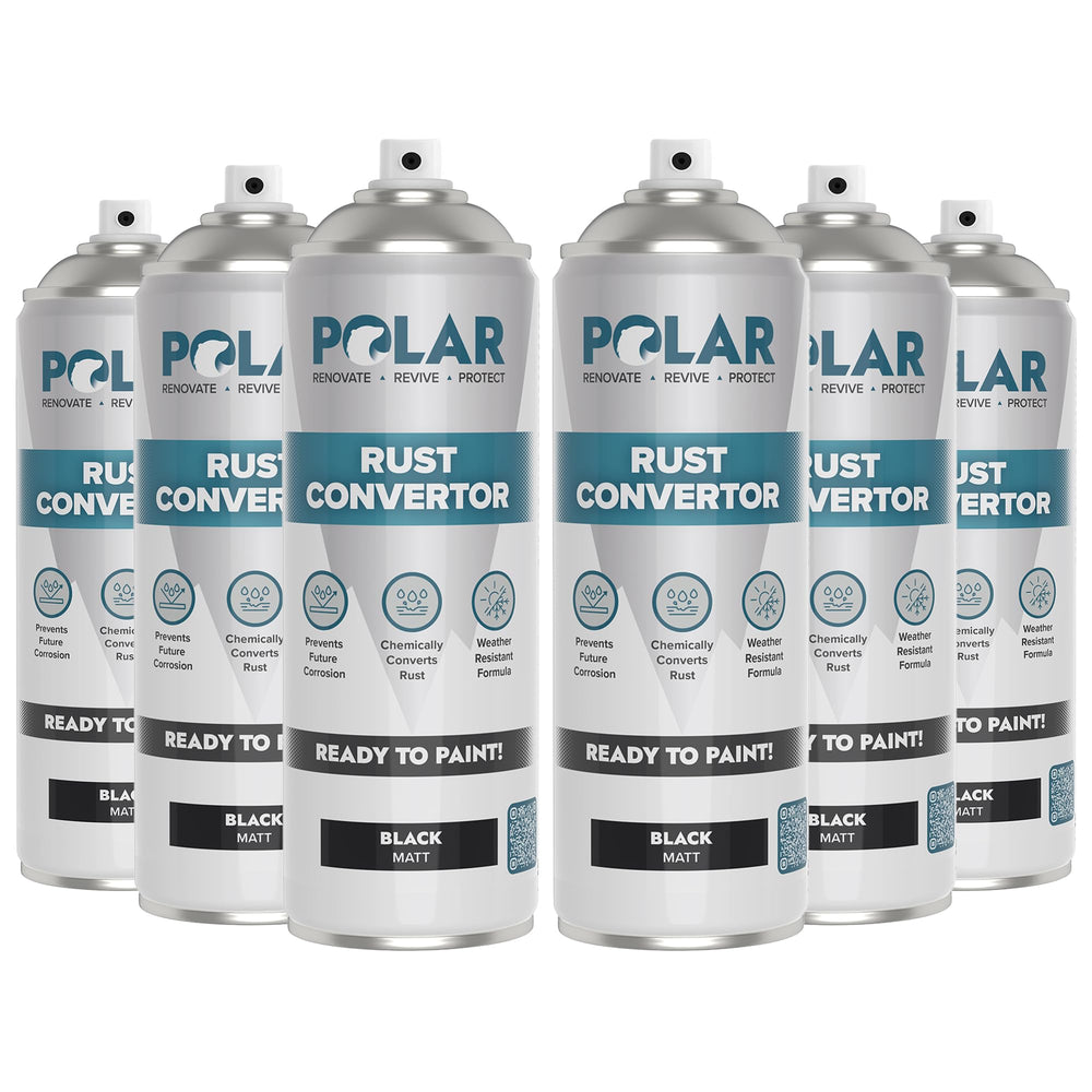 Polar Rust Converter Spray bottle applying matte black finish to rusted metal