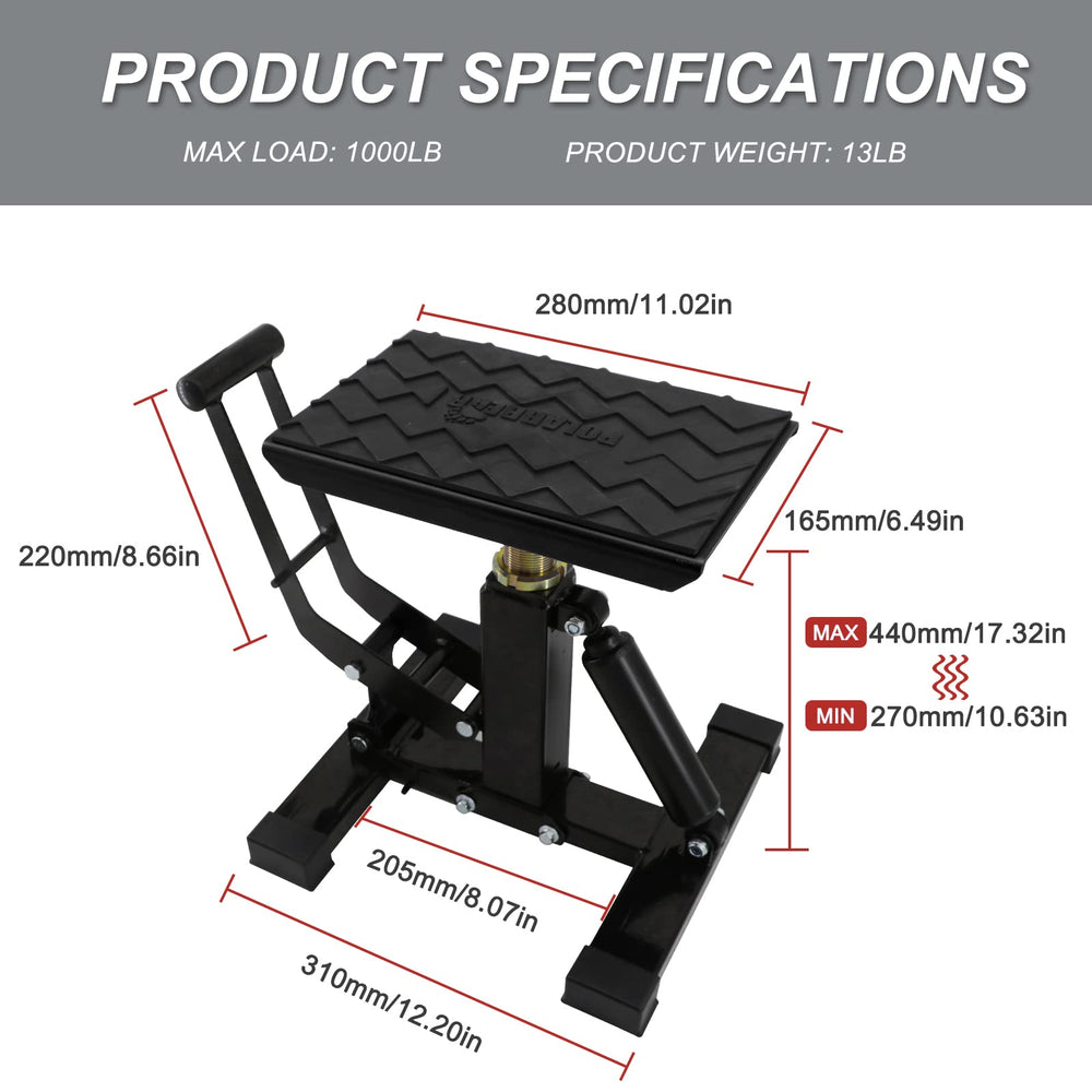 POLARBEAR Dirt Bike Stand side view demonstrates stable anti-slip design for garage use.