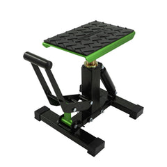 POLARBEAR dirt bike stand side view showing sturdy aluminum construction for stable maintenance.