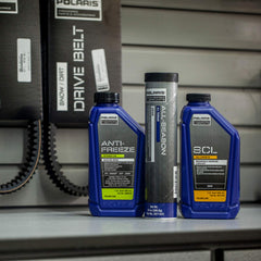 Polaris chaincase lubricant label closeup highlighting full synthetic durability