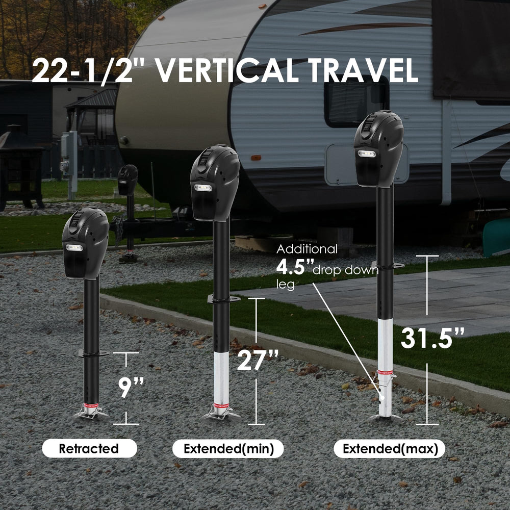 POLESTAR Electric Trailer Jack drop leg extension provides extra height.