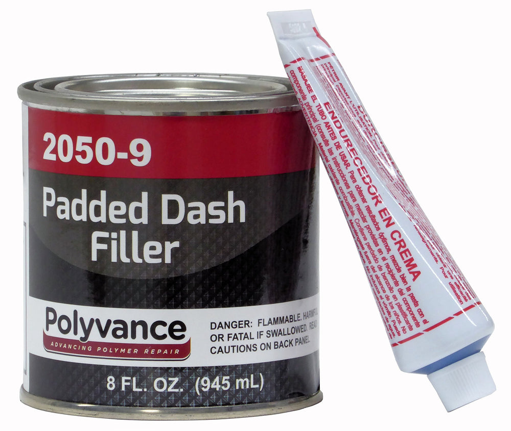 Polyvance padded dash filler bottle demonstrates strong vinyl and plastic adhesion for repairs.