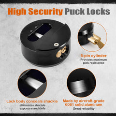 Pomunty puck lock weatherproof anodized body resists rain and rust.