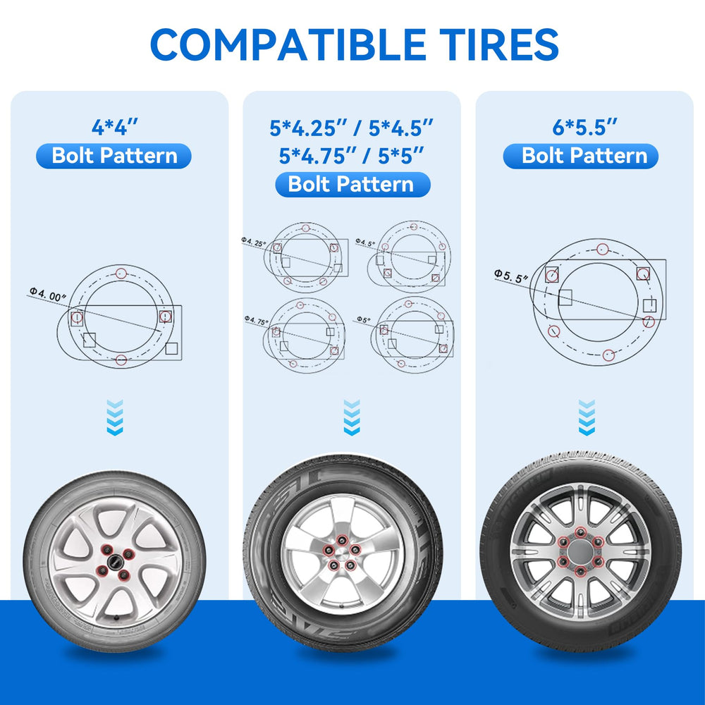 POOWEE spare tire carrier shows 4-5-6 lug compatibility.
