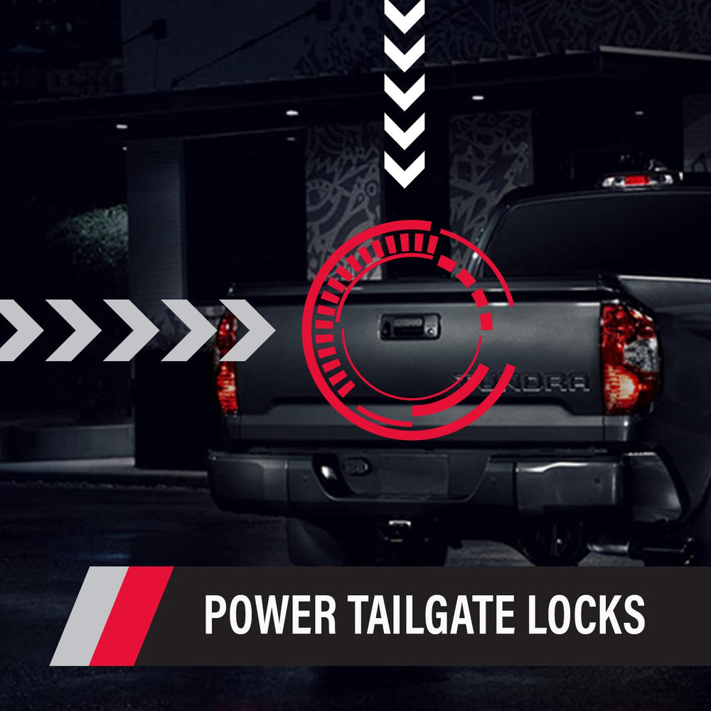 Pop & Lock Tundra tailgate lock installed close up showing plug and play harness