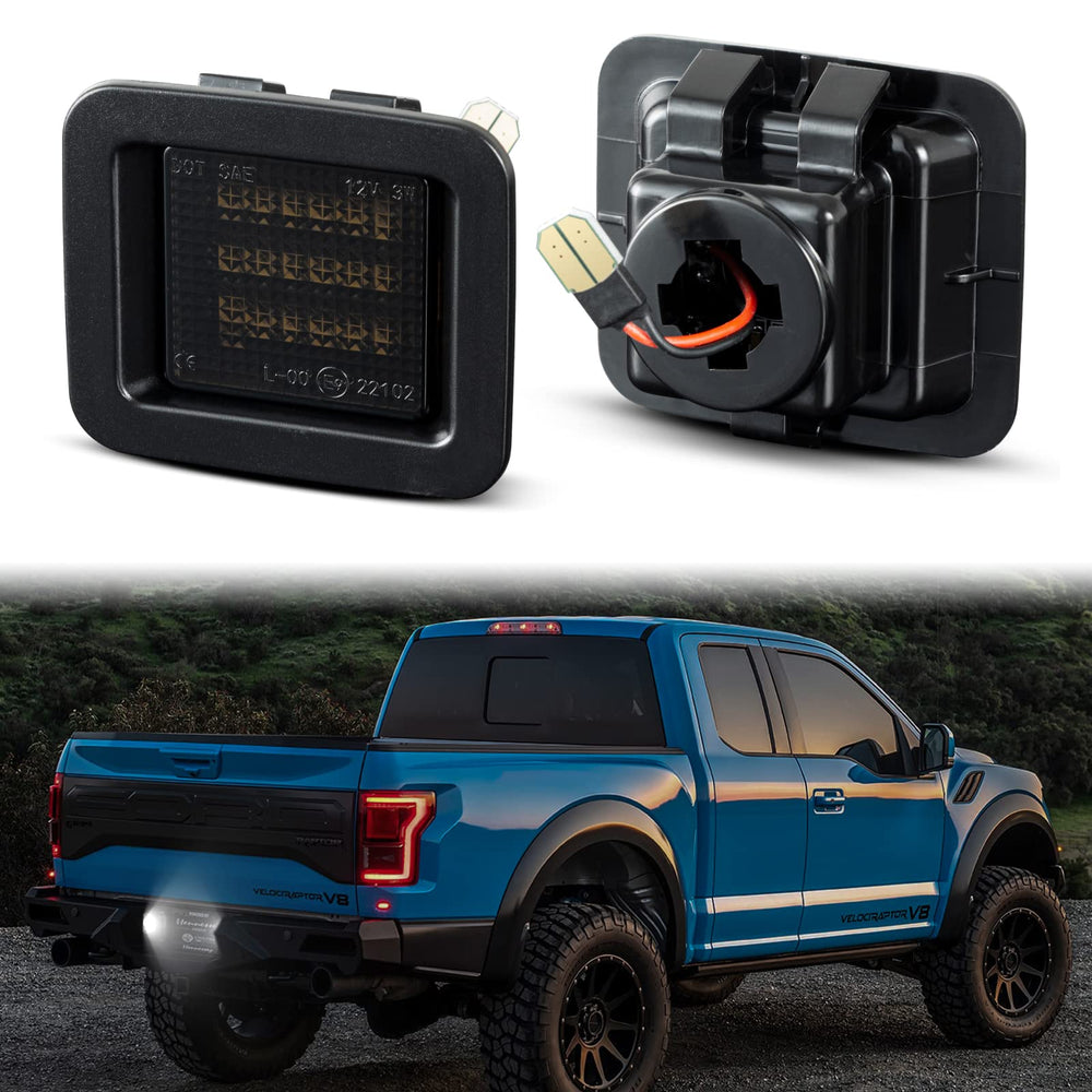 POPMOTORZ LED license plate lights with smoked lens for Ford F-150 enhance night visibility