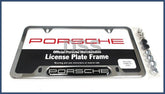 Porsche nameplate frame polished silver enhances exterior appearance.