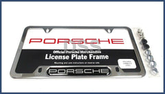 Porsche nameplate frame polished silver enhances exterior appearance.