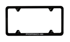 Porsche Slimline license plate holder in black, rust-resistant stainless steel for a sleek, integrated look.