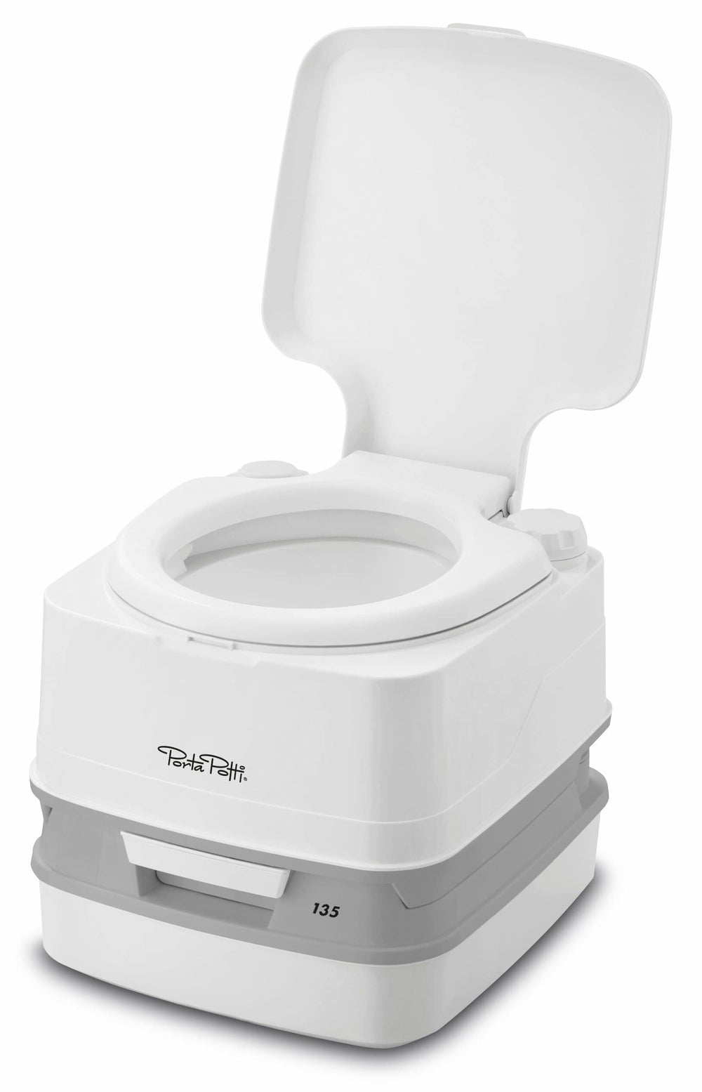 Porta Potti Thetford 135 white bellows-pump provides reliable flushing.