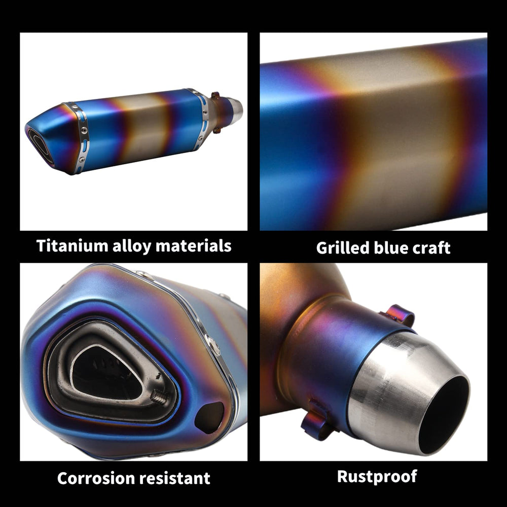 POSENG muffler inlet demonstrates 38-51mm universal compatibility for many bikes.