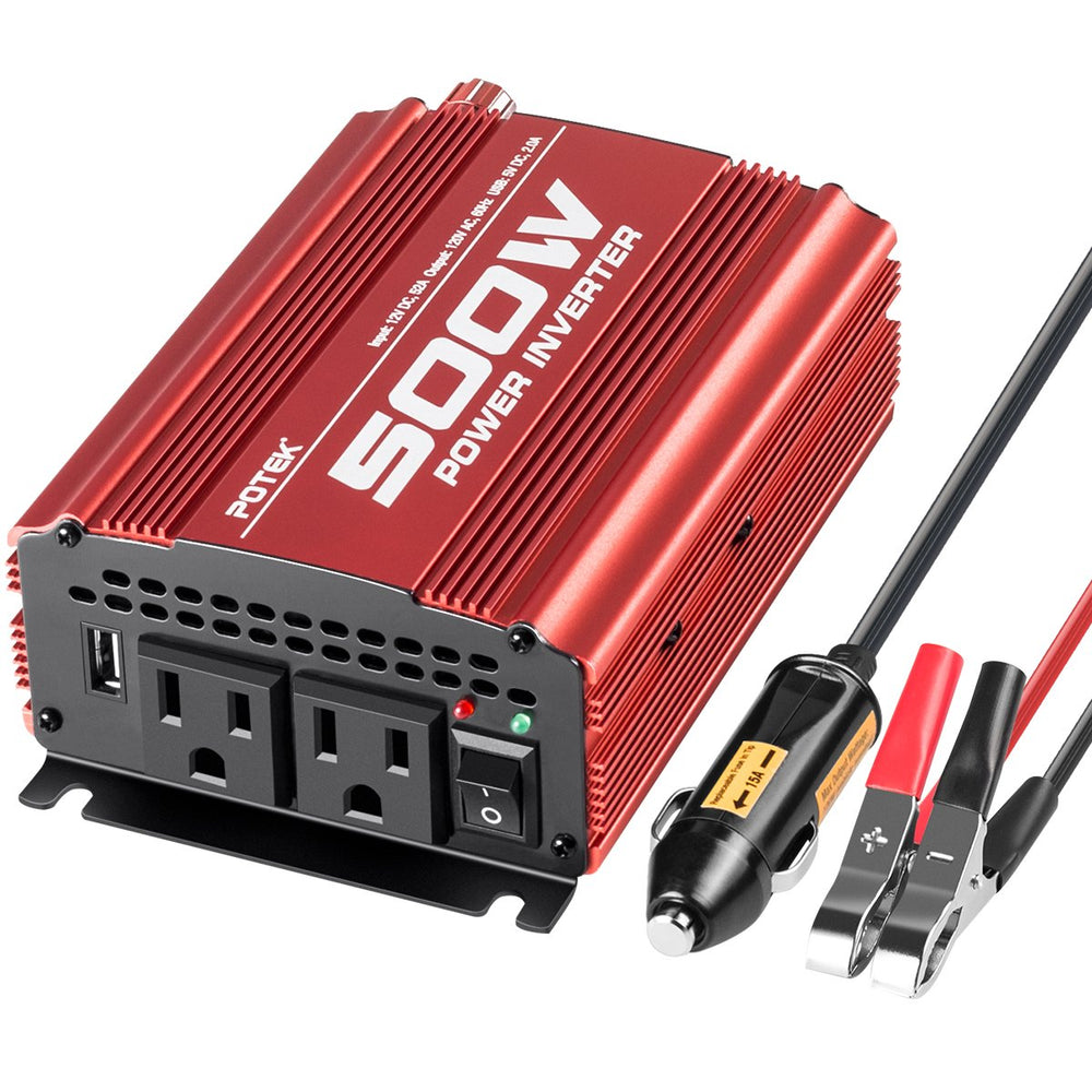 POTEK 500W inverter front view with dual outlets for on-the-road charging