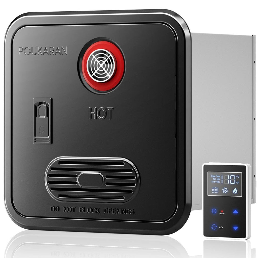 Poukaran 65,000 BTU RV heater with front water outlet for instant hot showers