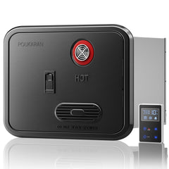 Poukaran tankless water heater front view for instant hot water access in compact RVs.