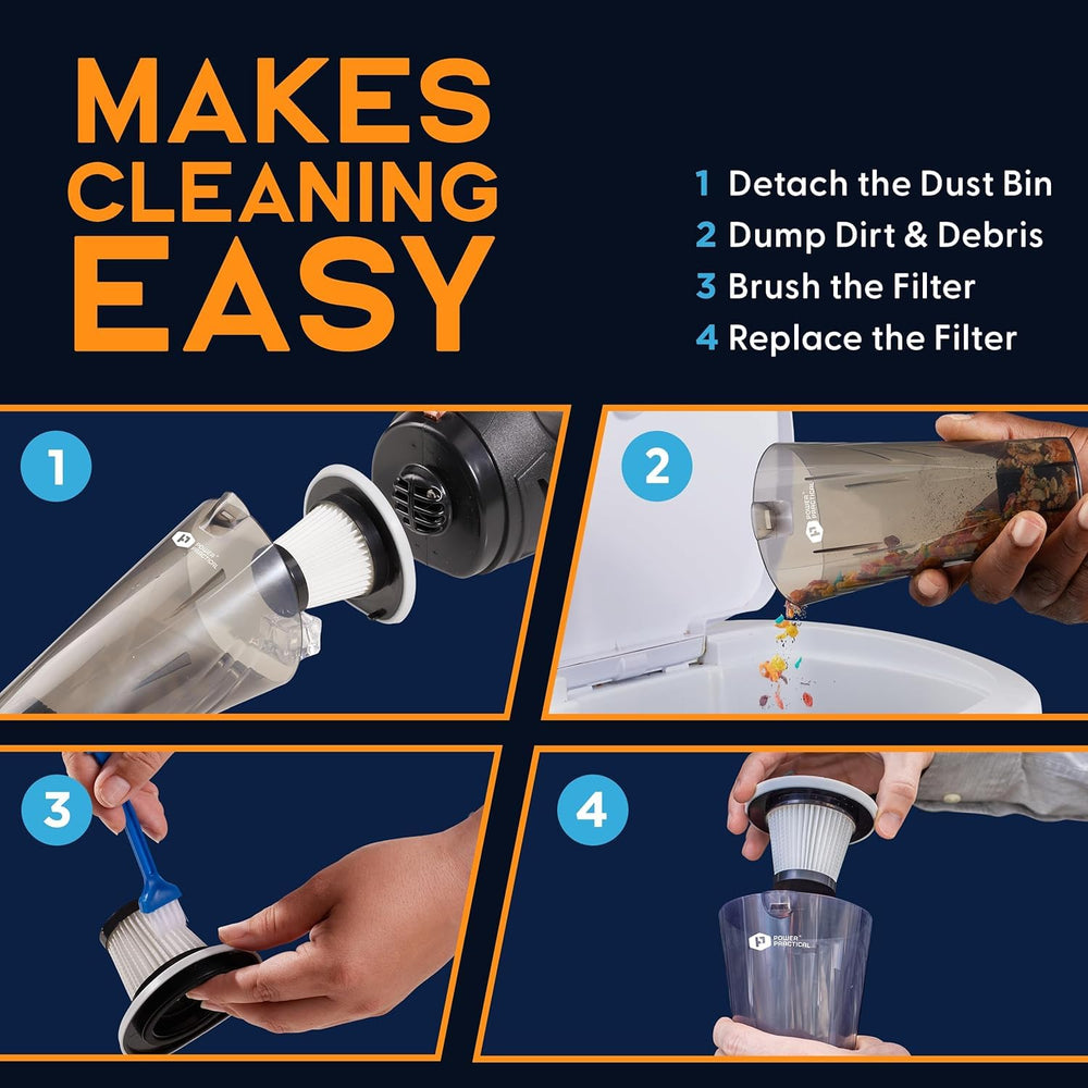 Power Practical handheld vacuum dual-speed control adapts suction to mess.