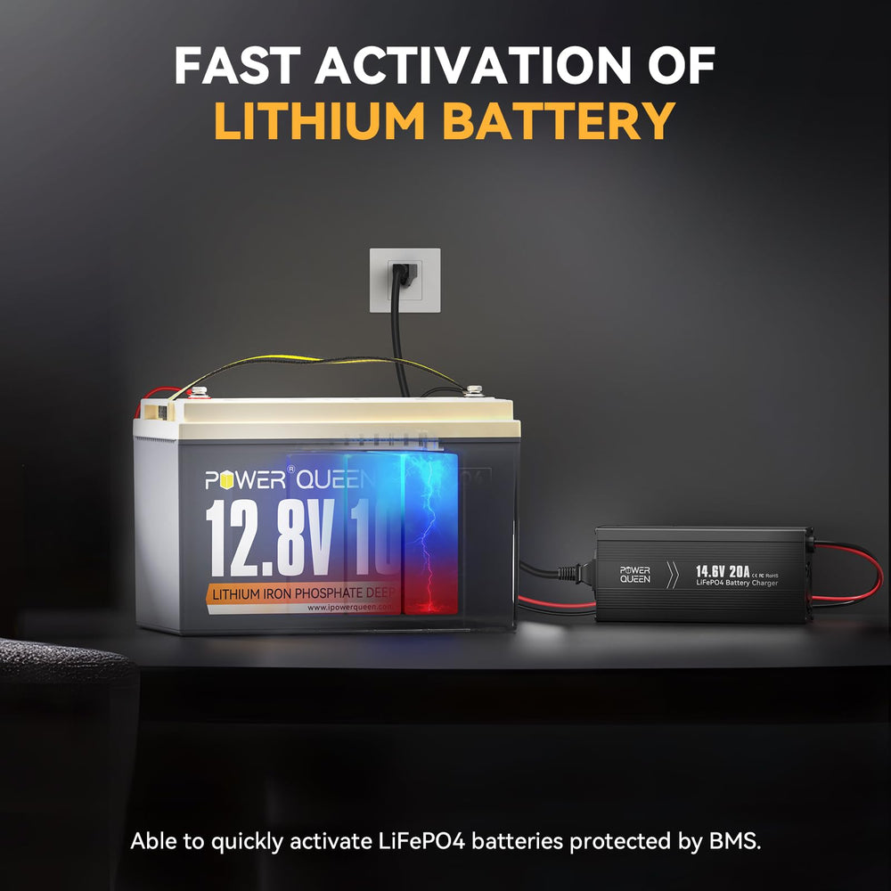 Power Queen connected to a 12V LiFePO4 battery for fast charging.