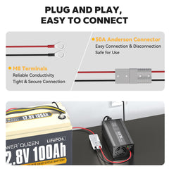 Power Queen charger side view highlighting compact design and access.