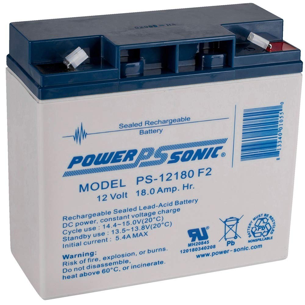 Power Sonic PS-12180 front view battery showing compact, reliable energy storage for equipment.