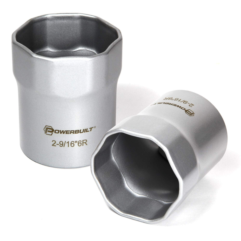 Powerbuilt 2-9/16 inch rounded wheel bearing lock nut socket offers precise fit for Dodge manual hubs.