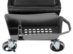 Grey Powerbuilt rolling seat in action for mechanic work.