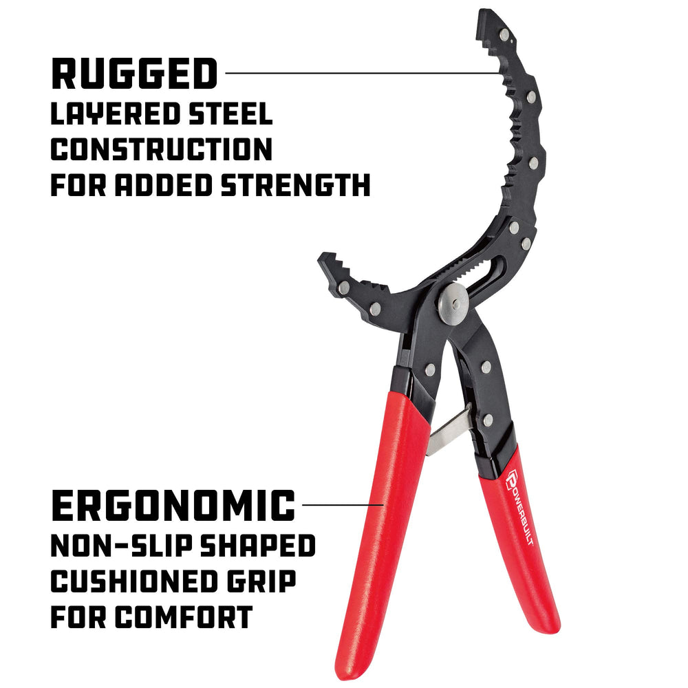 Powerbuilt pliers in action grip and twist to loosen a stubborn filter.