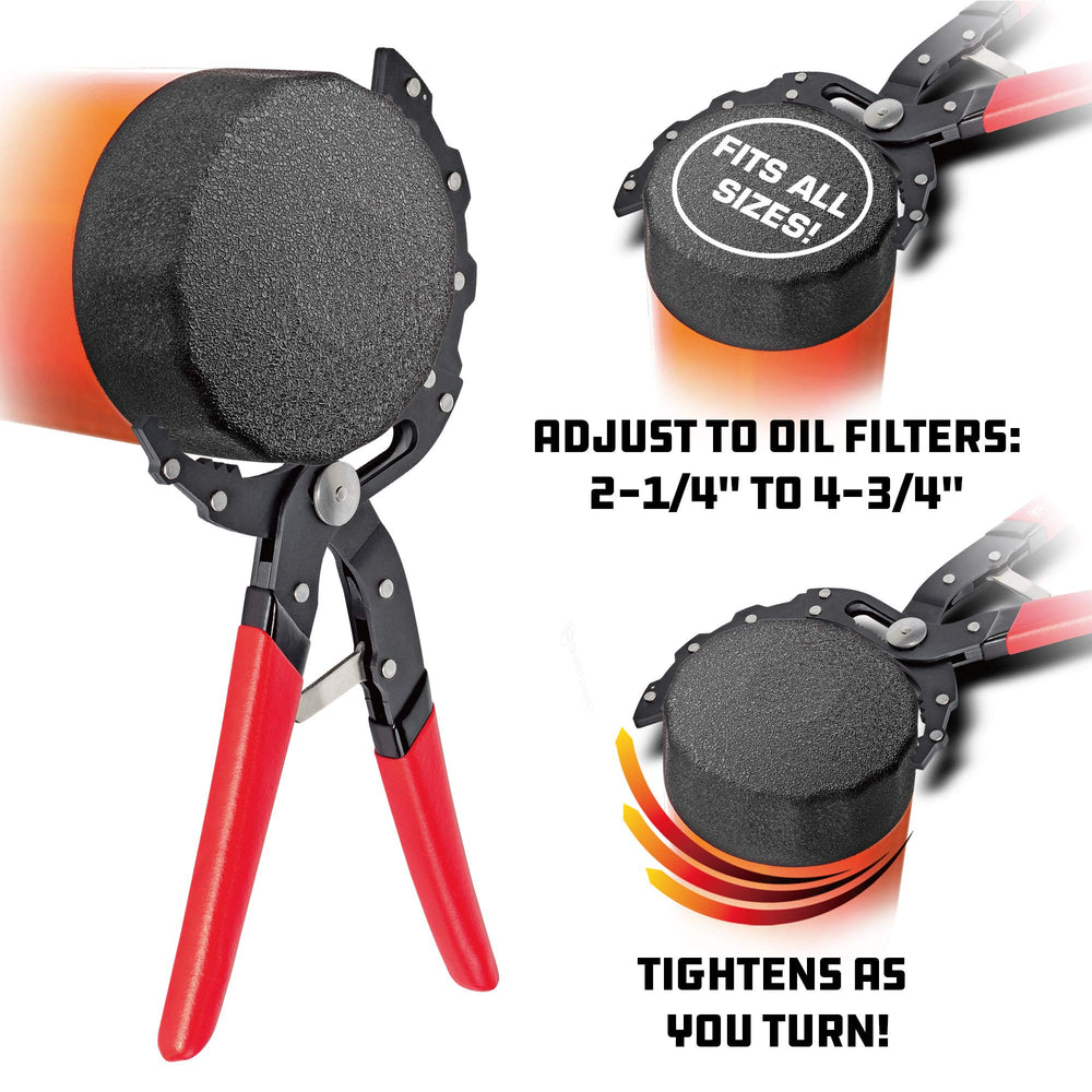 Powerbuilt self-adjusting tool demonstrates slim low-profile jaws in tight engine bay.