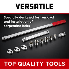 Powerbuilt tool set in use to remove a belt from a tight engine bay.