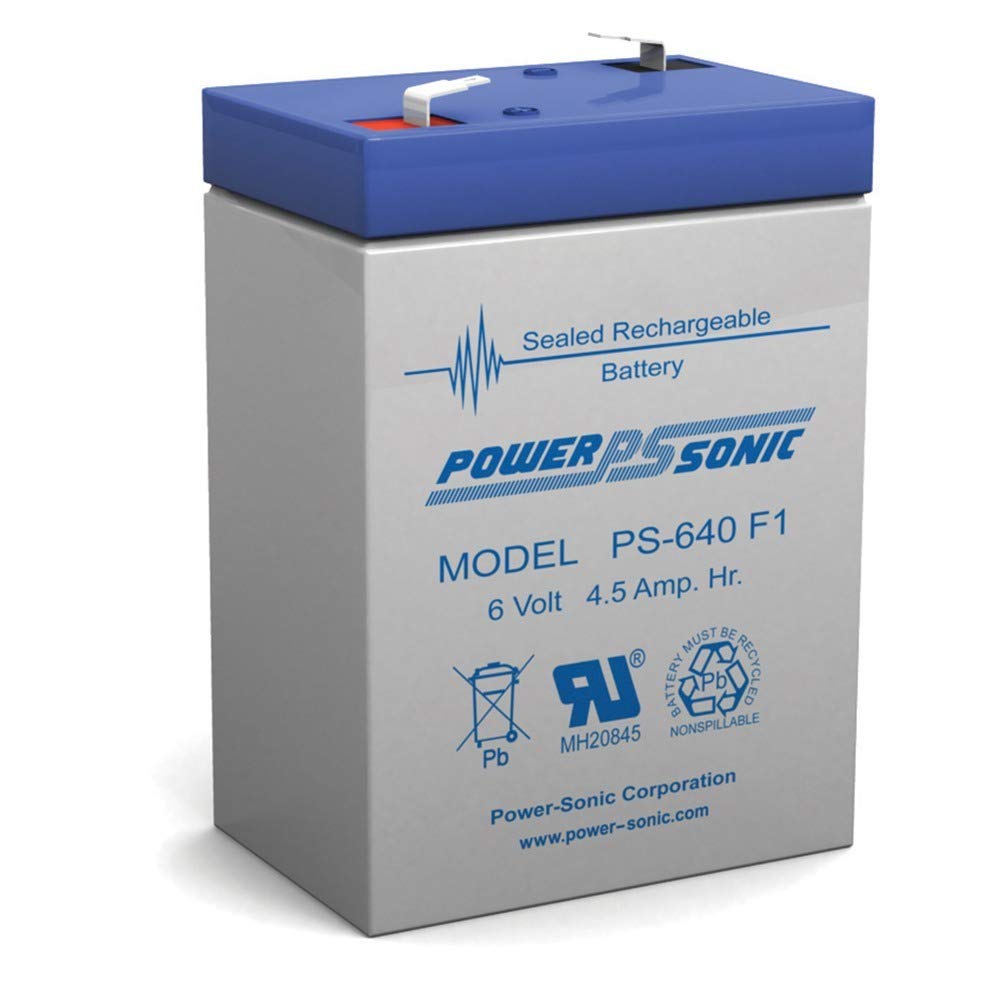 Power Sonic PS-640F1 front view, compact 6V 4.5Ah SLA battery for tight spaces.